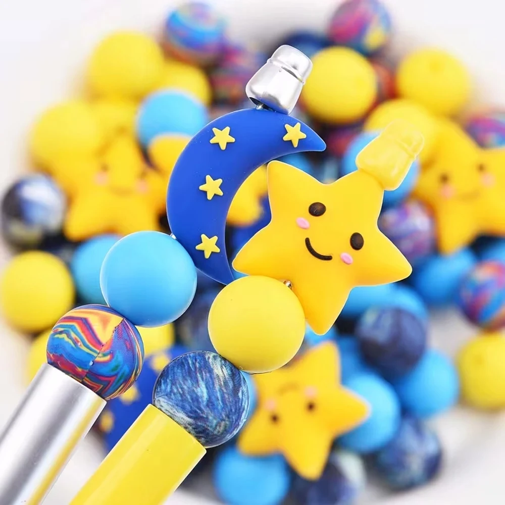 30PCS Star Moon Round Silicone Bead Set For Jewelry Making DIY Creative Special Beaded Pens Decor