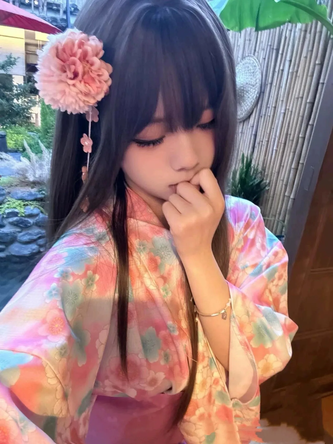 

Women's Japanese Yukata Kimono - Pink Sakura Print, Easy-Care Polyester, Cosplay & Travel Photoshoot Outfit