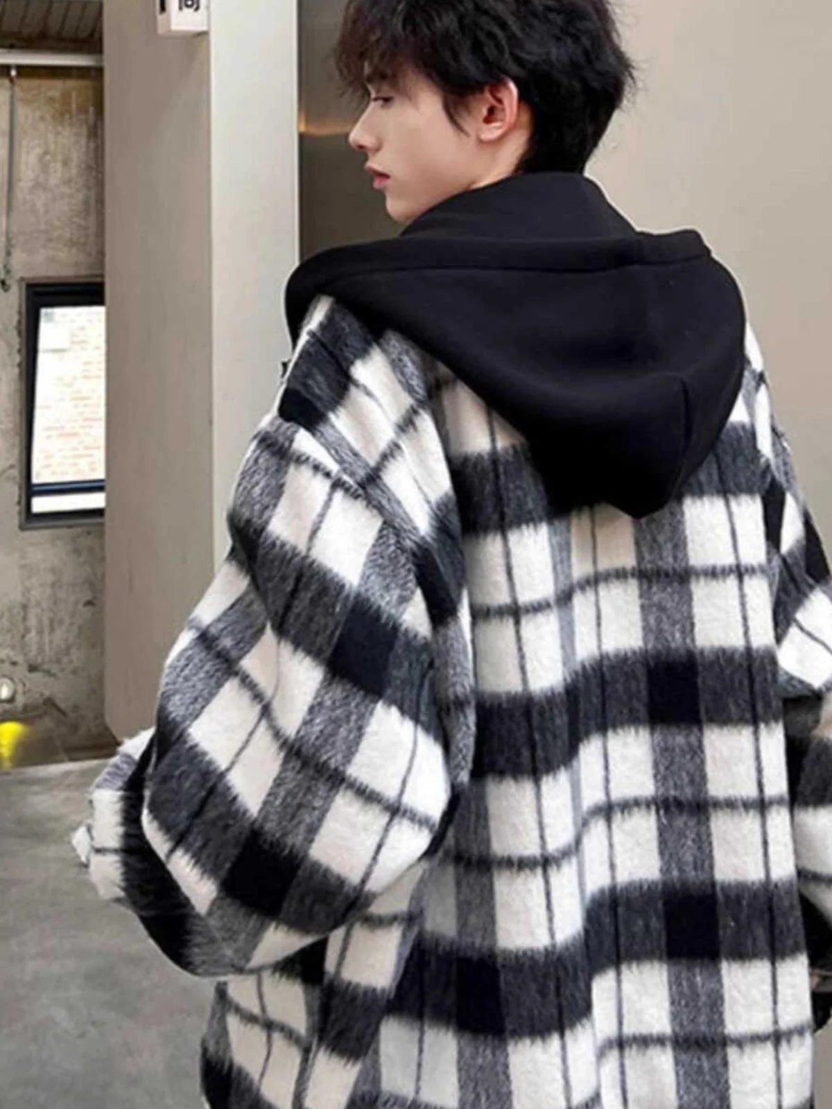 

Белое шерстяное пальто-худи в клетку, весна-осень, корейский стиль, свободный крой, длинное, на молнии
