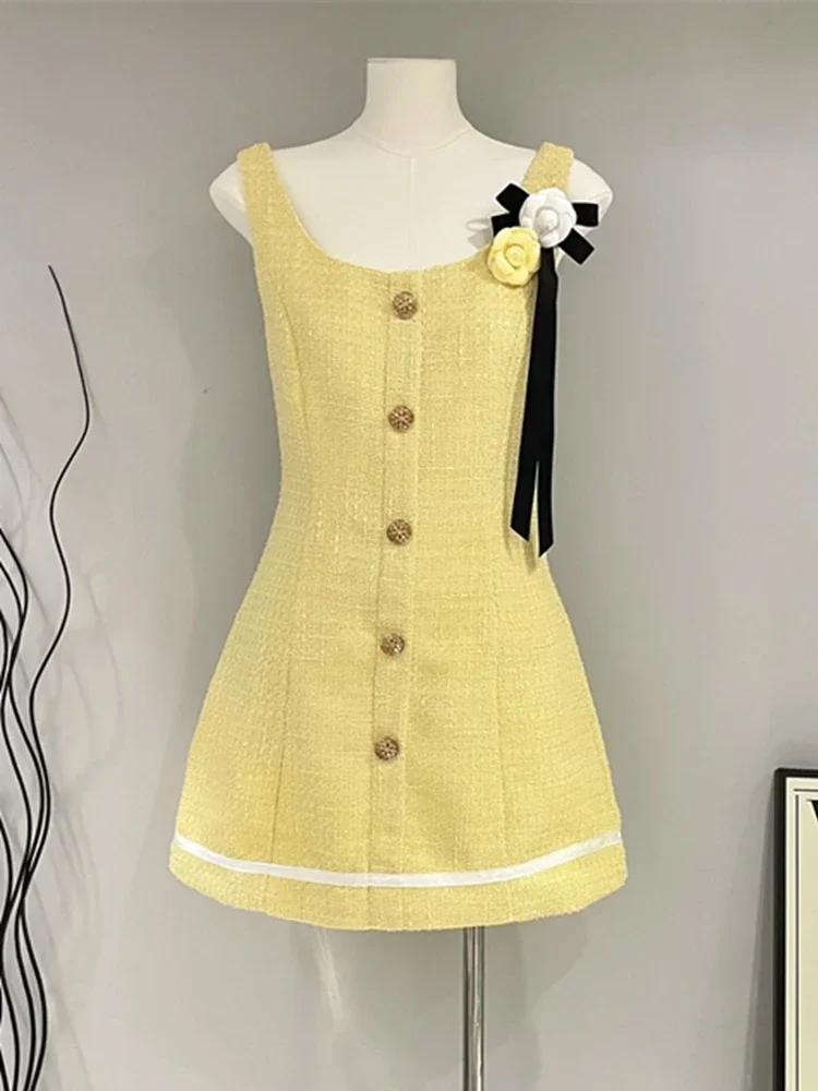 Yellow French Small Fragrant Tweed Party Dress For Women 2024 High Quality Korean Sweet Fashion 3D Flower Slim Summer Dresses