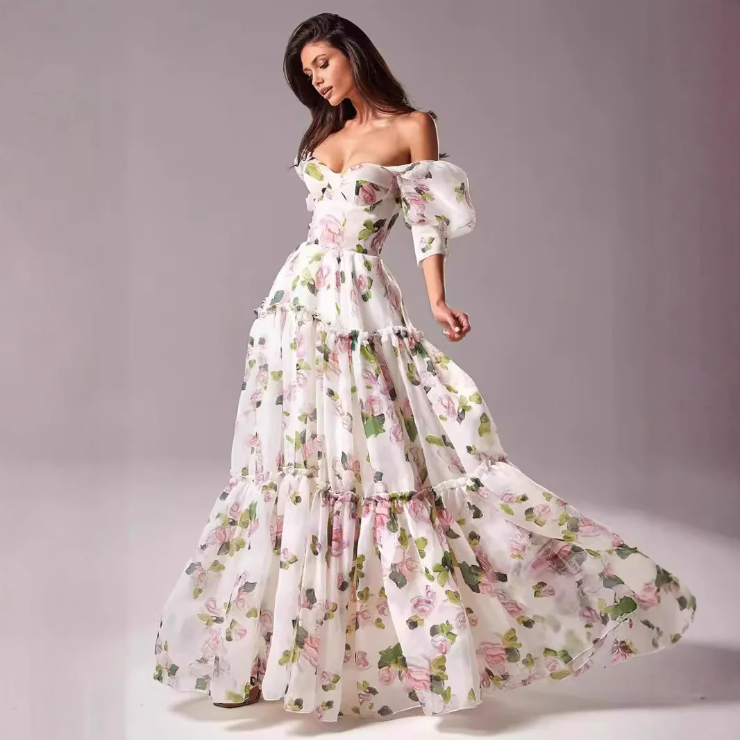 

New Summer Fashion Print Square Collar Sexy Off-shoulder Dress for Woman Fairy Temperament Elegant Evening Long Swing Dresses