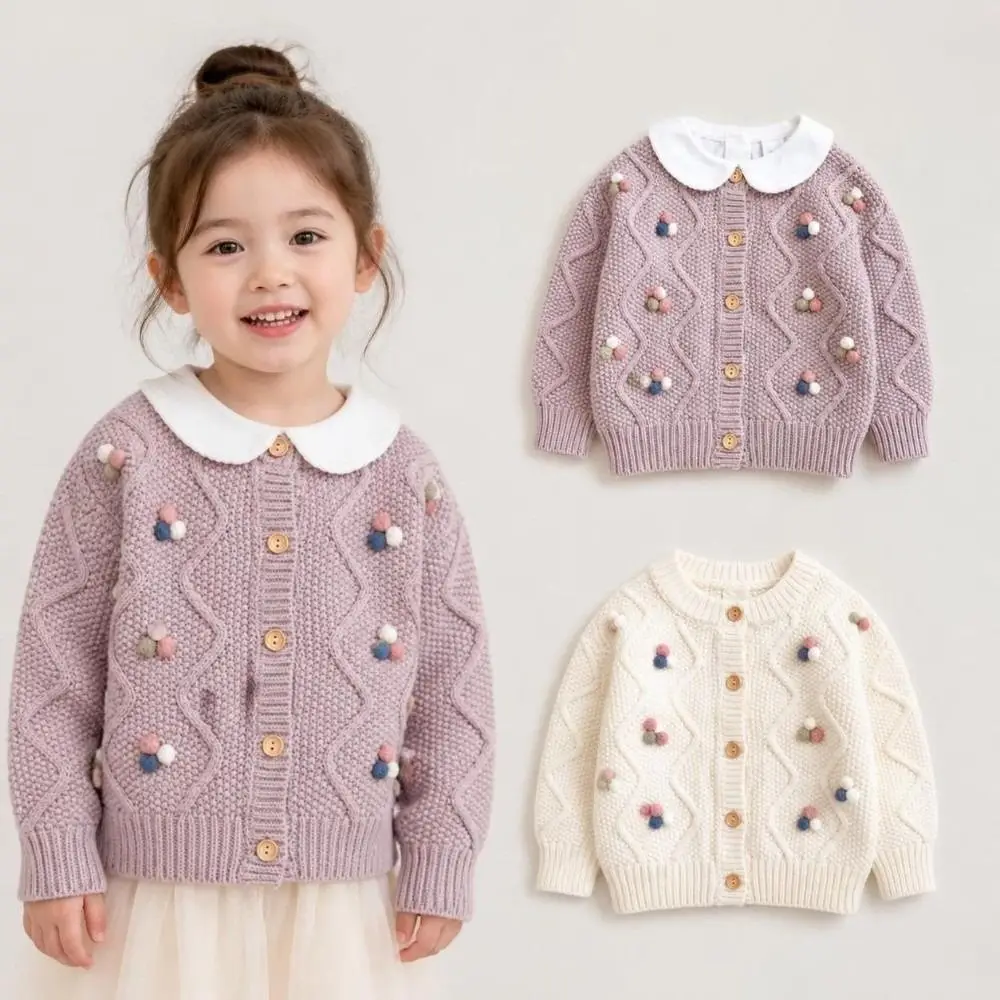 Fashion Sweet Knitted Sweater Pom Pom Design Warm Knitted Cardigan Candy Color Girls Coat Autumn