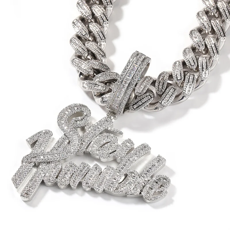 

Hip Hop 5A+ CZ Stone Paved Bling Iced Out Stay Humble Letter Pendants Necklace for Men Rapper Jewelry Silver Color