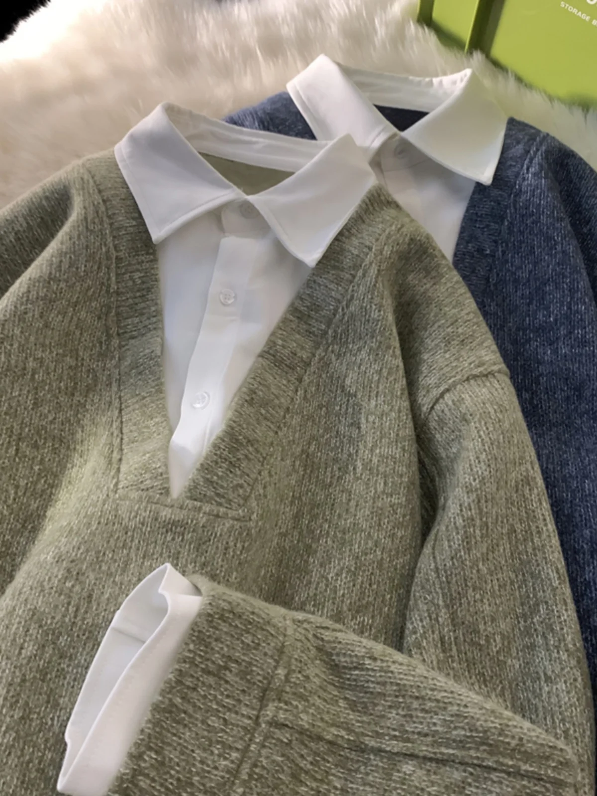 

Men's Knitted Sweater V-Ne Fake Two-Piece irt Design Autumn Winter Faion Trendy Brand Couple's High-End Feeling Casual ...