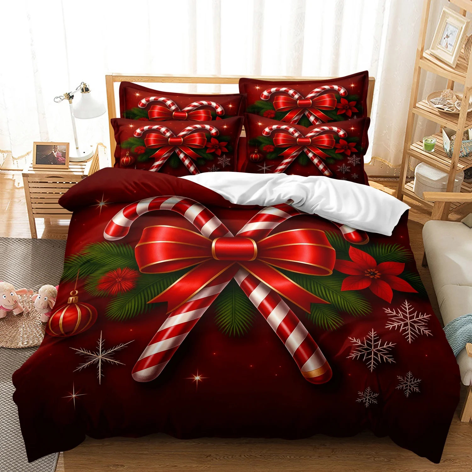3Pcs Red Christmas Duvet Cover Set, Candy Cane Big Red Bow Poinsettia Snowflake Xmas Ornament Print Bedding, For Family Bedrooms