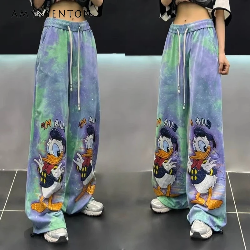 

2025 Summer New Popular Heavy Industry Sticker Cartoon Trousers Fashion Sweatpants Loose Straight Wide-leg Pants Ins Style Women