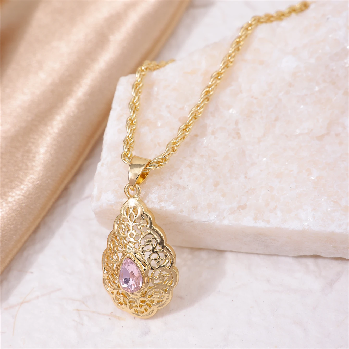 Golden Algerian Classic Wedding Necklace Drop Shape Crystal Pendant