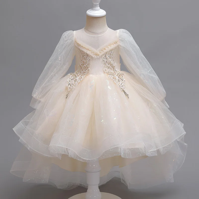 

Girl spring and autumn new court style gauze pompadour train dress dress Dinner evening gown heavy champagne wedding #T2210