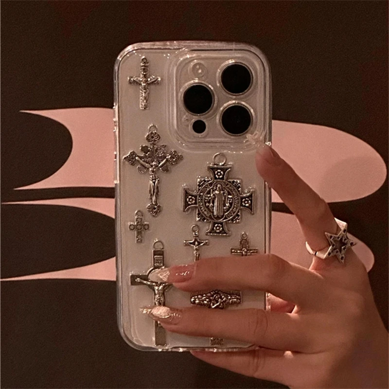 Retro Gothic 3D Metal Cross Phone Case For iphone 16 15 14 13 12 11 Pro Max Plus Fashion Cool Angel Epoxy Clear Soft Cover Gift