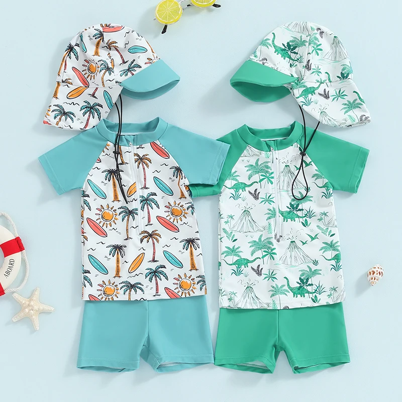 

Summer Boys Rash Guard Set 3 Piece Swimsuit Suit Palm Tree/Dinosaur Print Short Sleeve Tops Swim Trunks Swim Cap Bathing Suit