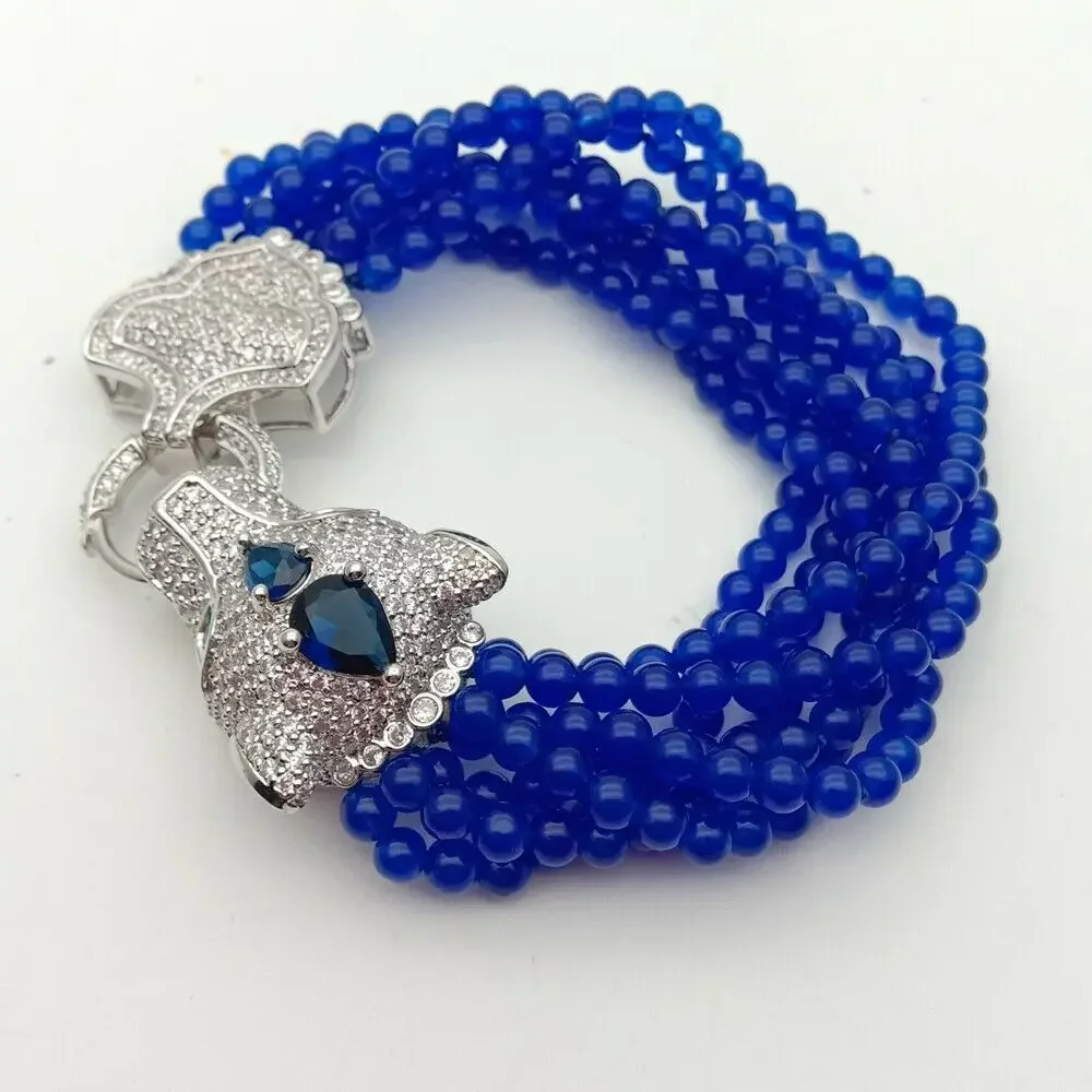 

Beautiful leopard head micro inlay zircon clasp natural multilayer blue red round jade white pearl bracelet