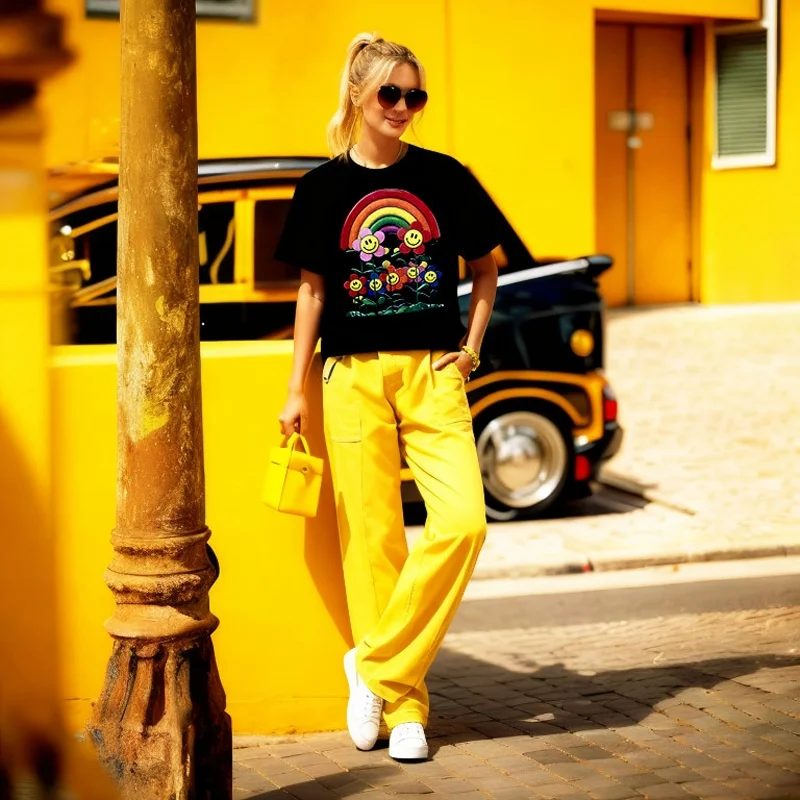 

Роскошная женская футболка с коротким рукавом с цветочным принтом, новинка 2025 года, оригинальная модная брендовая повседневная одежда из хлопка с длинным ворсом в европейском стиле