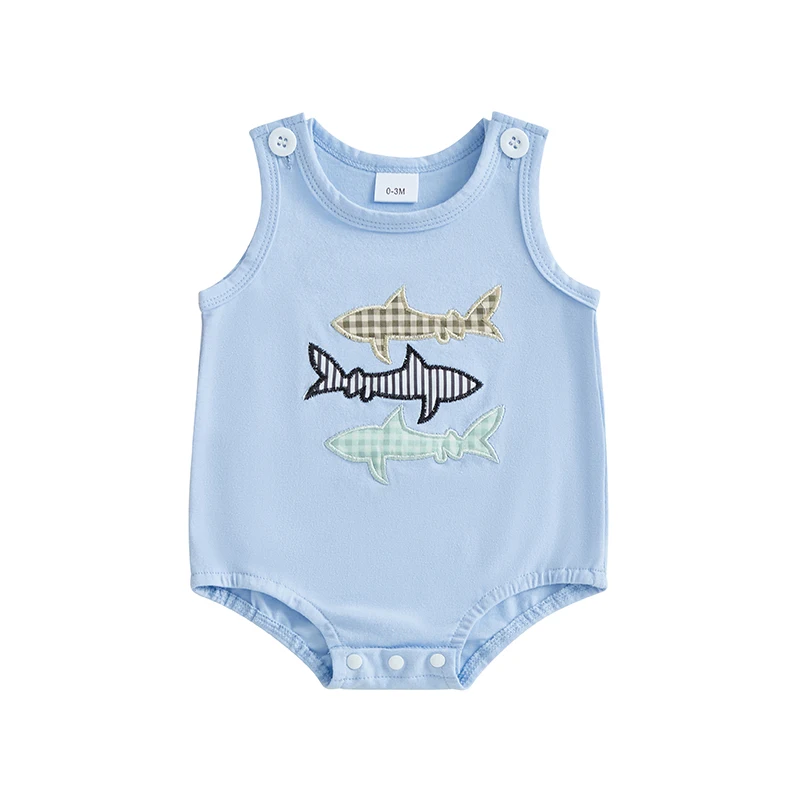 

Baby Boy Romper Summer Sleeveless Round Neck Shark/Crab Embroidery Romper Newborn Playsuit
