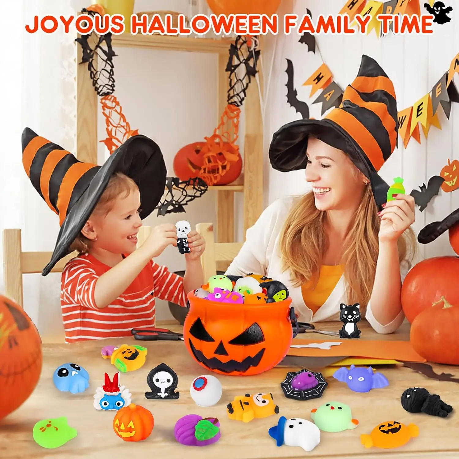 Mochi Squishy Toys with Halloween Pumpkin Bucket Trick or Treat Bucket Bat Skull Broken Hand Squeeze Toy Halloween Decorations