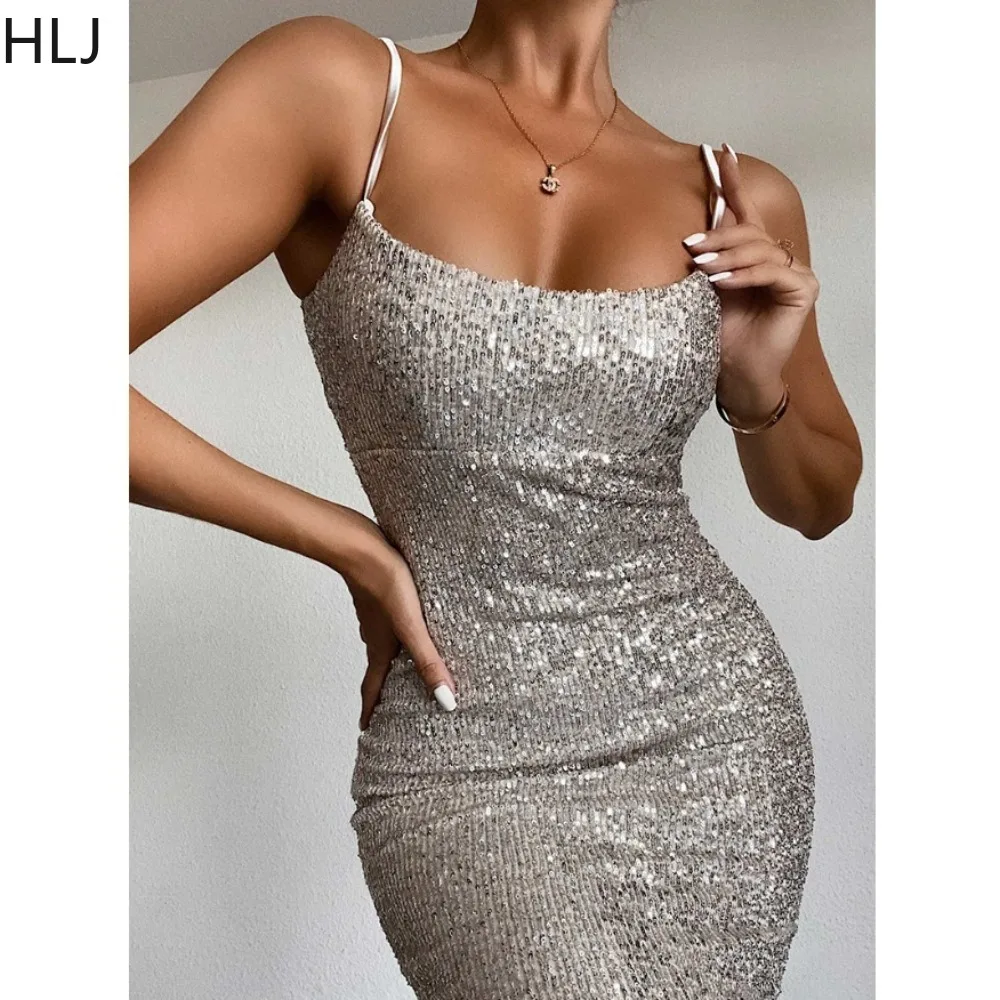 

HLJ Fashion High Quality Sequin Wrap Hip Suspenders Dress Women Thin Strap Sleeveless Backless Slim Vestidos Sexy Party Clothing