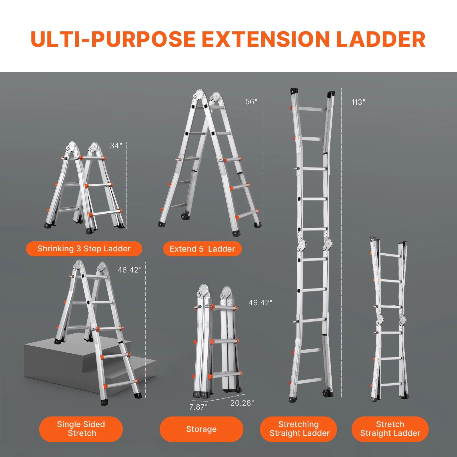 VEVOR Telescoping Ladder A Frame Compact Aluminum Extension Ladder Multi-Function Portable Collapsible RV Ladder for Homework view 4
