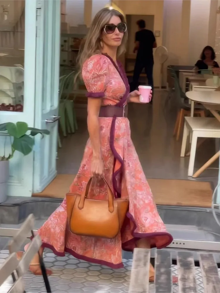 Elegant V-neck Short-sleeved Dress Women's Fashion Spring Summer Flower Printing Irregular Casual Vacation Boho Dresses Female