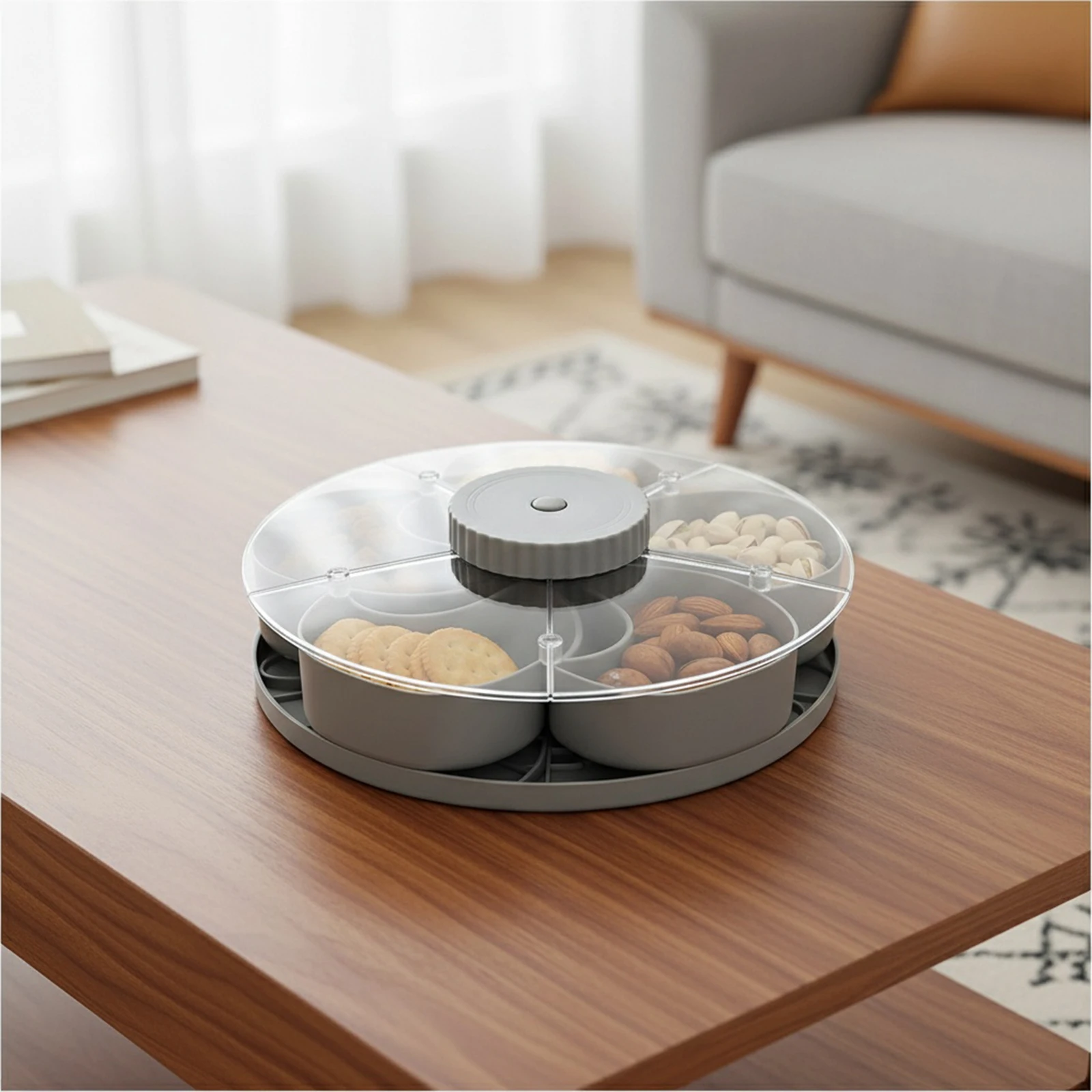 Portable Spin Snack Organizer Box Large Capacity Divided Serving Tray Compartment Charcuterie Board w/Lids Cover for Home Party