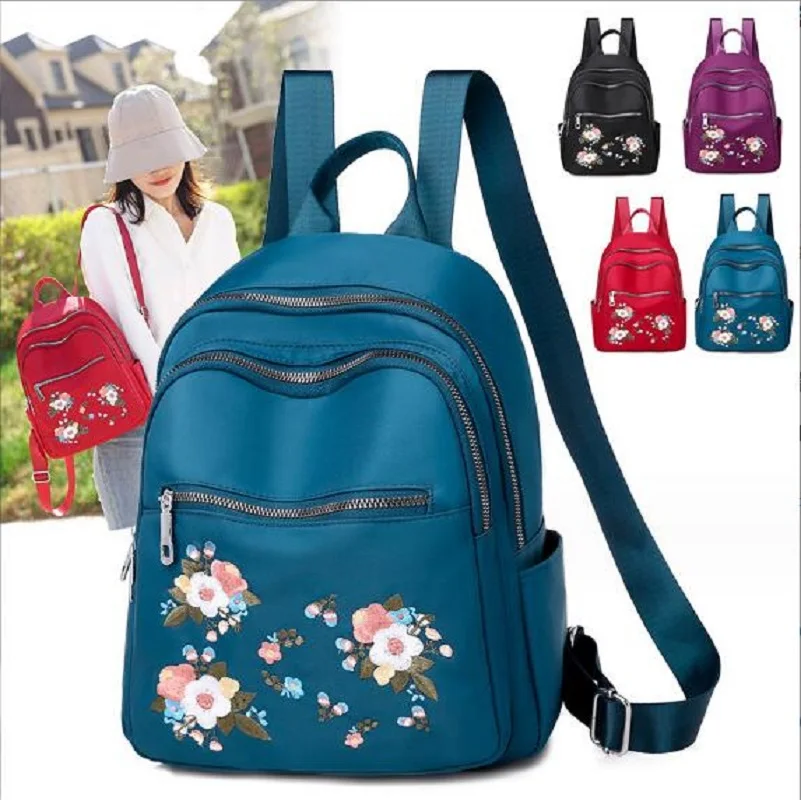 

Wholesale New Women's Embroidered Flower Waterproof Nylon Travel Backpacks High Capacity Fashion Shoulder Bags School Bag