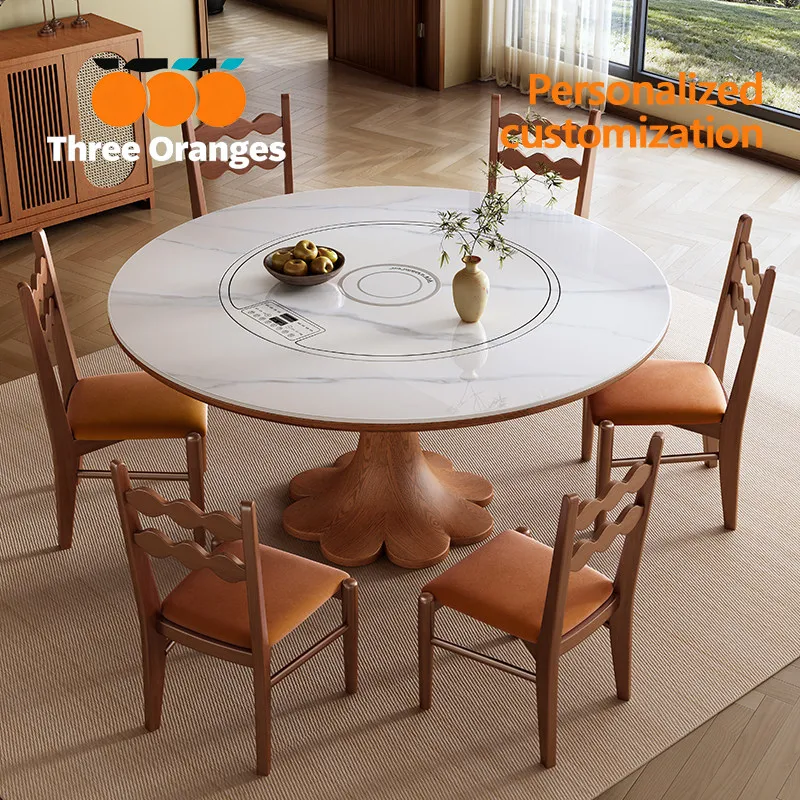Solid wood rock slab dining table and chair combination Multifunctional inlaid induction cooker turntable Household dining table