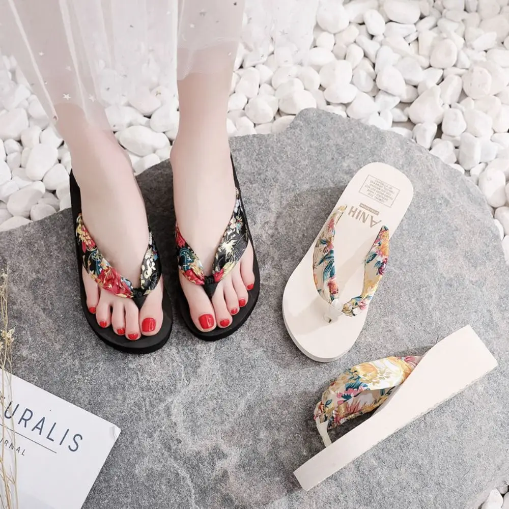 

Cute Non-Slip Summer Flip-flop Ethnic Style Bohemian High Heel Sandals Satin Thick Sole Beach Slippers Beach