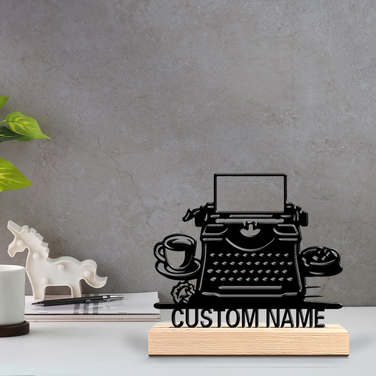 1pc Cute Personalized Custom Typewriter Metal Statues Symbolic desktop Decoration with Wooden Base Gift Male Theme Office