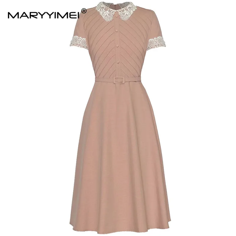 MARYYIMEI Fashion Women's New Vintage Hollow Out Embroidered Turn-Down Collar Short Sleeved Pleated Lace-Up Shaggy MIDI Dress