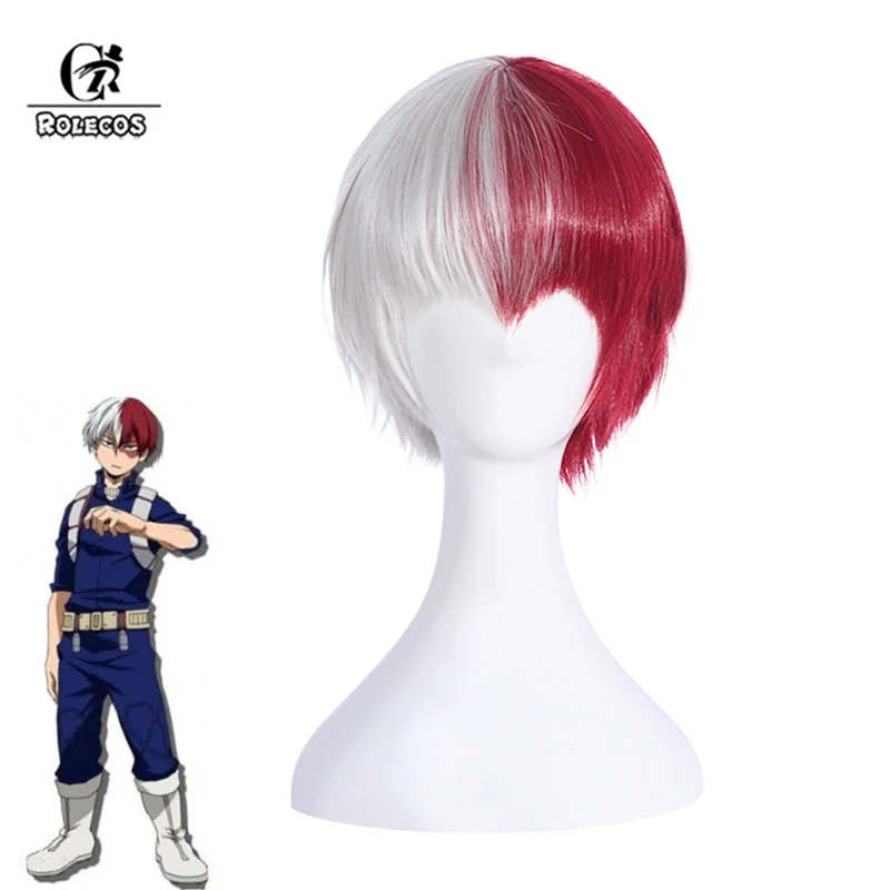 

ROLECOS Shoto Todoroki Cosplay Wigs 30cm My Hero Academia Short Straight White Mixed Red Men Wig Heat Resistant Synthetic Hair