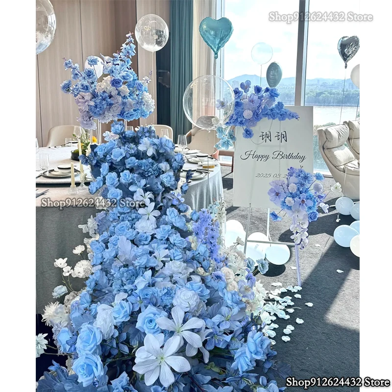 

Blue Artificial Flower Strip Wedding Arch Floral Arrangement Table Runner Stage salon Sofa Decor Props Party Backdrop