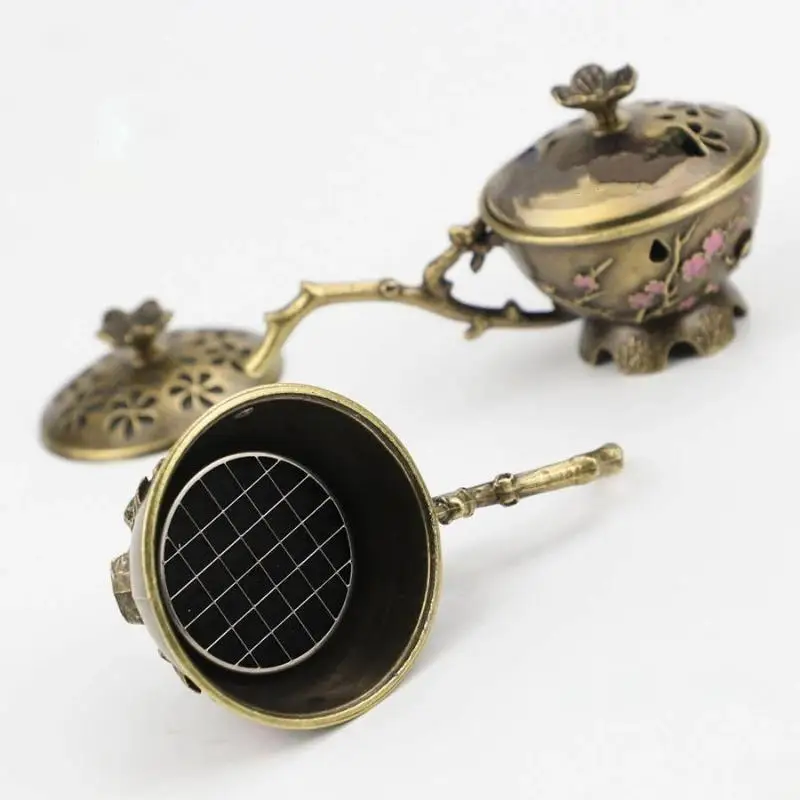 Quemador de incienso de flor de ciruelo Retro con mango, quemador de incienso hueco de ciruela Retro, artesanía pequeña de aleación de Zinc para decoración del hogar