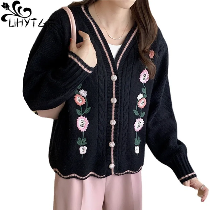 UHYTGF Knitted Cardigan Women's Sweater Coat Quality Cashmere Autumn Sweaters Jacket Female Fashion Embroidered Ladies Tops 1872