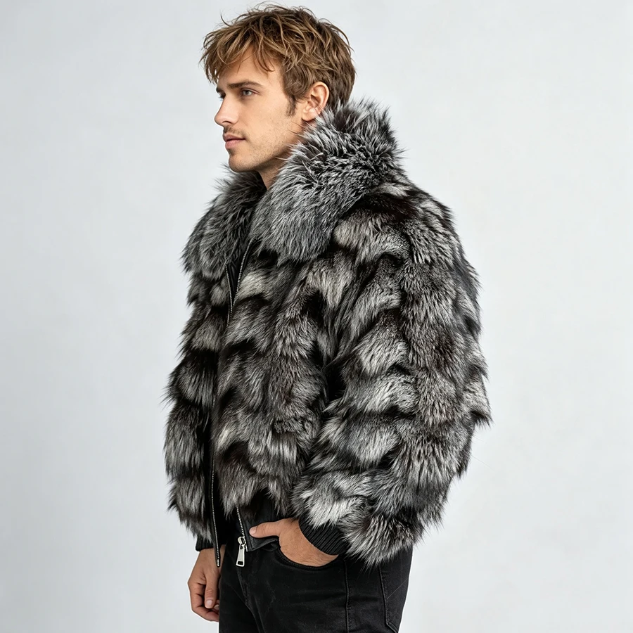Real Silver Fox Fur Jacket With Lapel Men's Fur Zippered Bomber Jacket Cropped Fox Fur Jacket High Quality Natural Fur Jacket view 3
