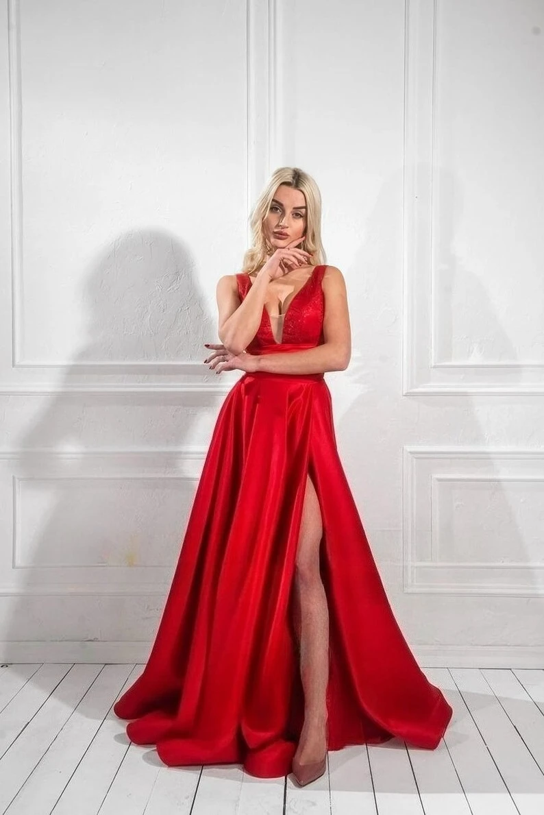 

Красное бальное платье для свадебного гостя, атласное длинное платье принцессы для выпускного вечера, вечернее платье подружки невесты, торжественное платье, женское элегантное платье