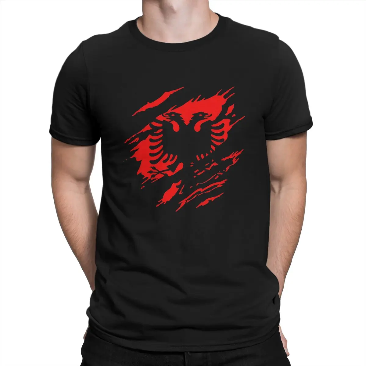 Men Black And Red T Shirt Albanian Eagle Pure Cotton Tops Fashion Short Sleeve Round Collar Tee Shirt Birthday Present T-Shirt