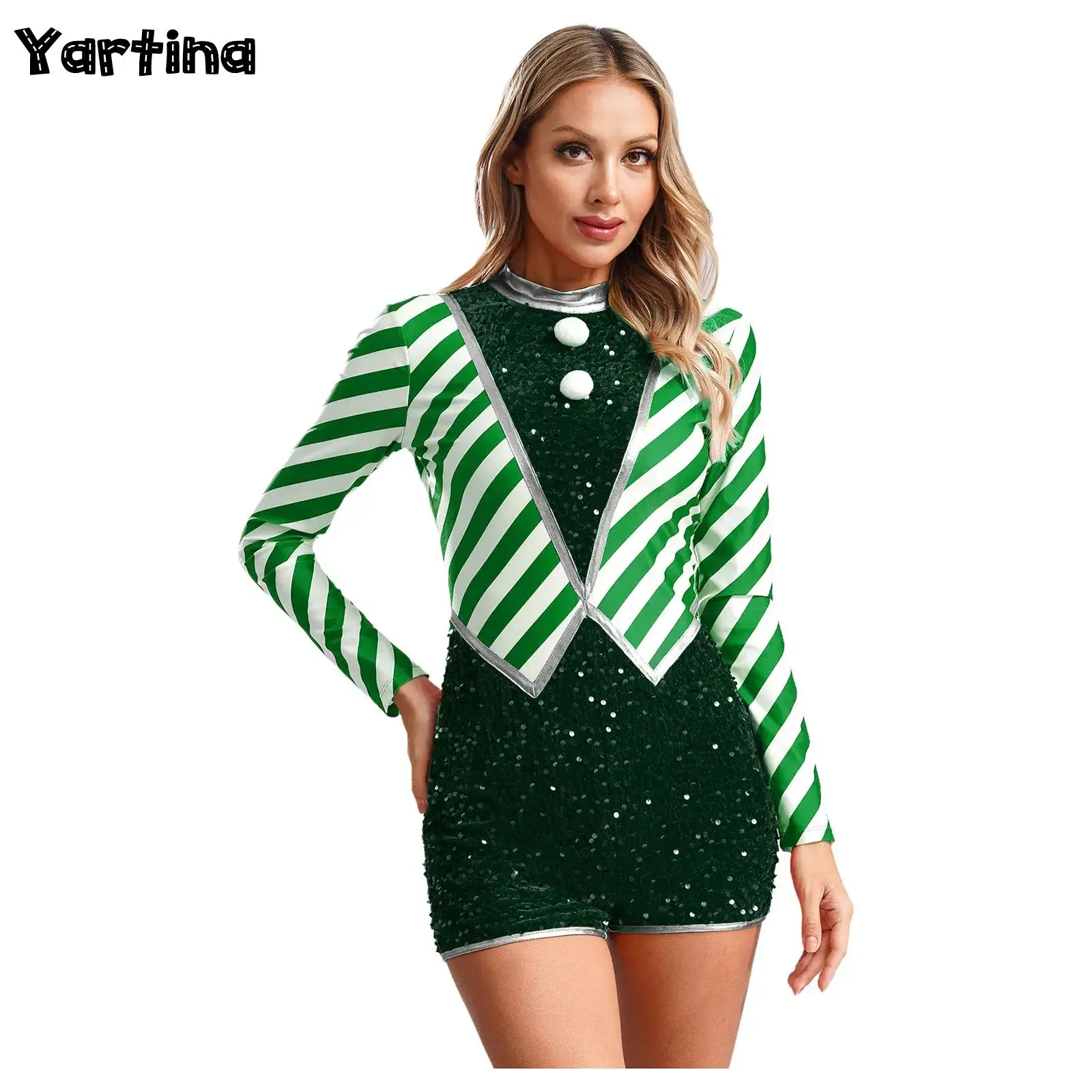 

Womens Candy Cane Xmas Christmas Elf Cosplay Costume Ballet Fairy Dance Unitards Sequins New Year Pompoms Bodysuit Jumpsuit