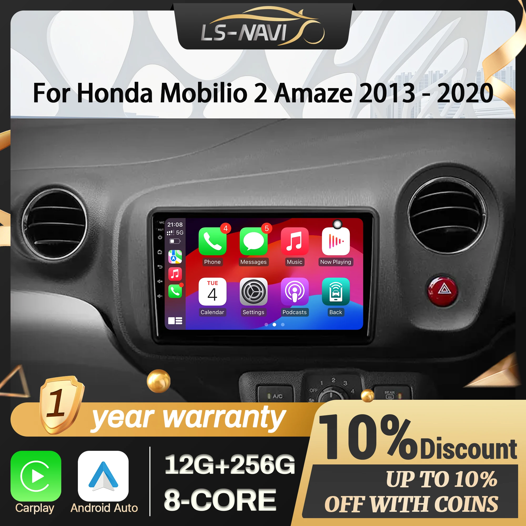 

For Honda Mobilio 2 Amaze 2013-2020 Android 14 Car Radio Multimedia Navigation Wireless CarPlay Touch Screen Bluetooth Stereo