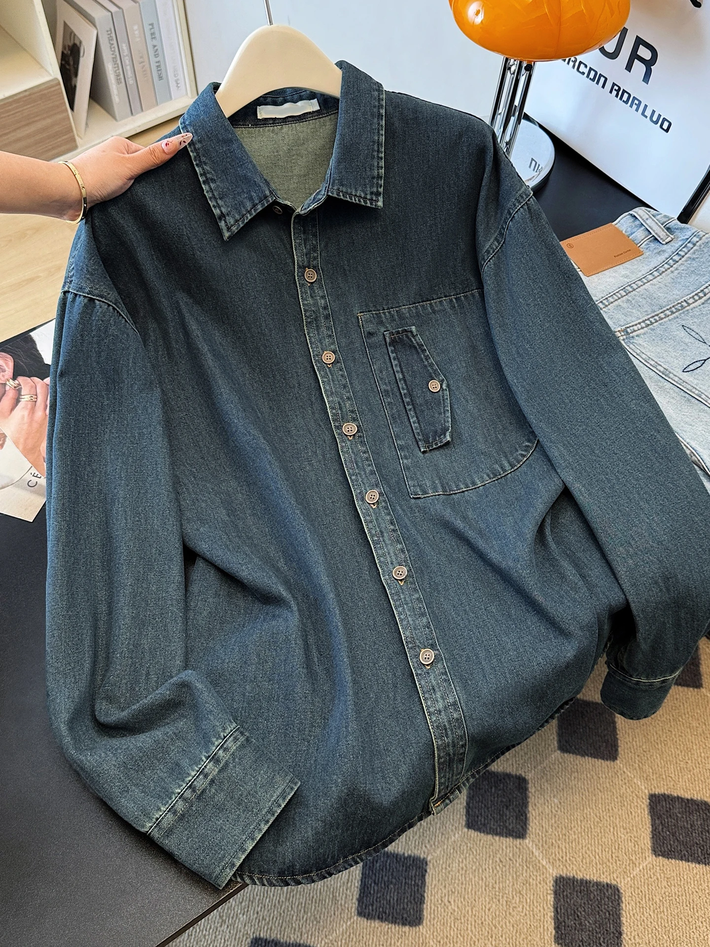 

Autumn Daily Loose Denim Jacket Casual All Match Long Sleeved Top For Women Simple Solor Color Commuting Shirts