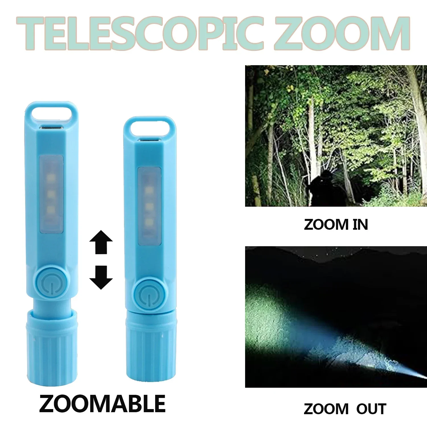 LED Mini Flashlight Home USB Rechargeable Handlight Zoom Waterproof Portable Lithium Lamp Emergency with Side Light Lighting