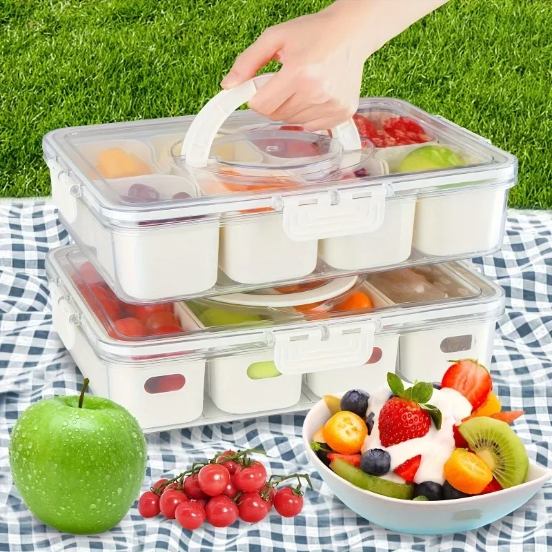 

1pc Divided tray with handle -8-compartment fruit container with lid and detachable snack box