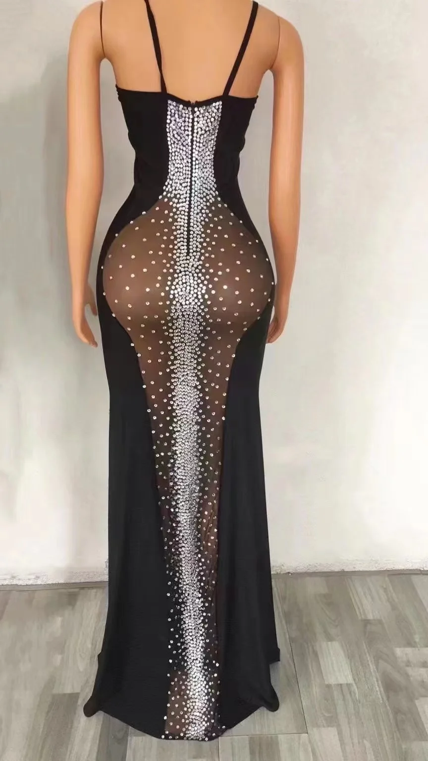 Customized High Shoulder  Mesh lace Transparent High Elastic Sequins Sexy Tight Dress Birthday Party  Dress Performance Dress