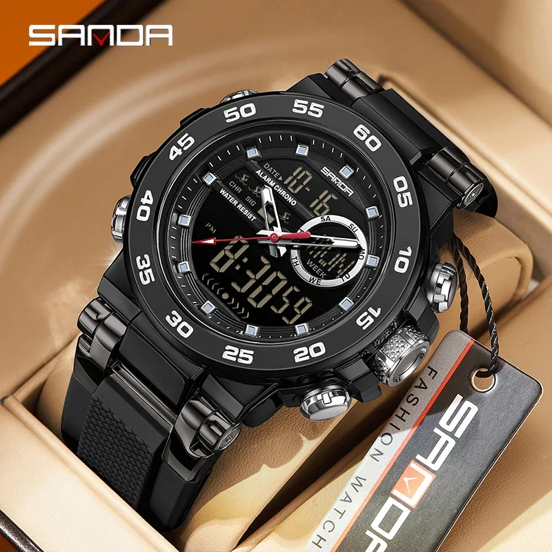 

SANDA Новый стиль светодиодные роскошные кварцевые мужские часы светящийся двойной дисплей времени цифровые часы с датой недели мужские часы будильник электронные мужские часы