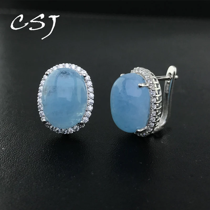 

CSJ Genuine Natural Aquamarine Earrings Sterling 925 Silver Big Gemstone Oval12*16mm for Women Party Birthday Jewelry Gift