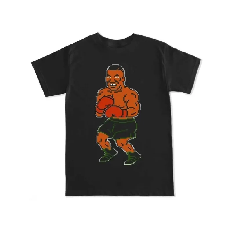 Men's Casual Boxing Pattern Dripping T-shirt - Retro Pixel Art Design, Round Neck, Short Sleeve, Four Seasons Knitted Fabric