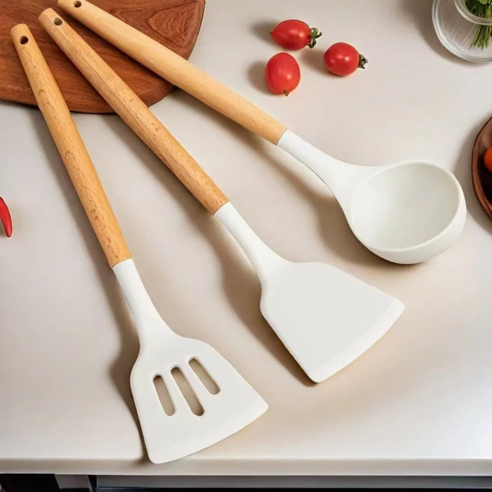3 قطعة/المجموعة غير عصا ملعقة سيليكون Shove عدم الانزلاق مقاومة للحرارة الطبخ تيرنر ملعقة مصفاة مكافحة السمط مقبض خشبي #1