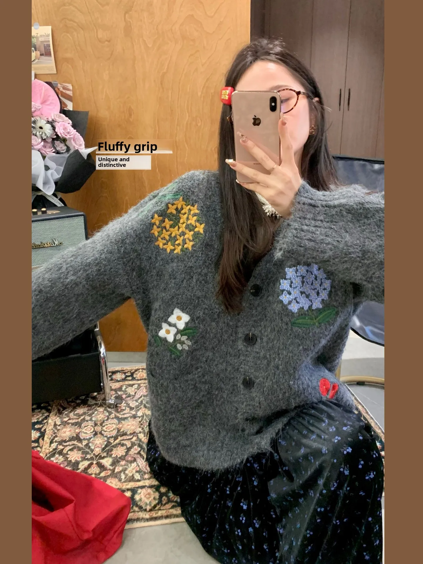 

Женский шерстяной кардиган с романтическим садовым узором и плотной вышивкой, осенне-зимний, свободный крой, V-образный вырез, удобная верхняя одежда с длинными рукавами