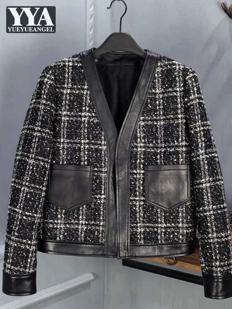 

Vintage Autumn Women Sheepskin Genuine Leather Spliced Tweed Jacket V Neck Pockets Motorcycle Jacket Casual Plaid Outwear Coats