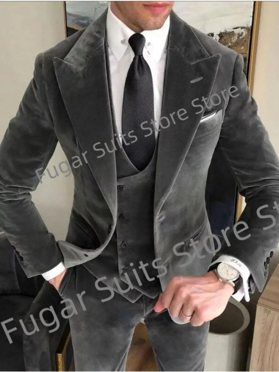 Business Gray Velvet Wedding Men Suits Slim Fit Peak Lapel Groom Formal Tuxedos 3 Pieces Elegant Male Blazer Costume Homme