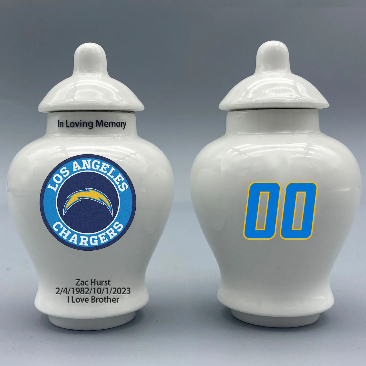 Mini Urn for Los Angeles Chargers-themed Logo Urn.Please send me the customization information - name/date and number on the urn