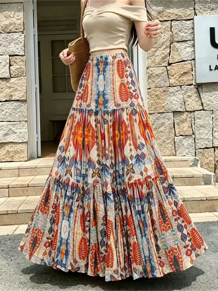 2026 New Summer Bohemian Print Midi Skirt For Women Vintage Ethnic-Style Beach Vacation Big Swing A-Line Skirt