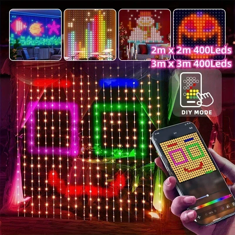 400LED Smart Curtain Lights Bluetooth App Control DIY LED String RGB Fairy Light Music Sync Led Display for Holiday Window Decor
